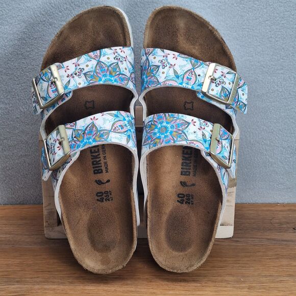 Birkenstock Arizona Sandals Women 9 9.5 EU 40 Narrow Blue Floral Boho Flower - Picture 6 of 10